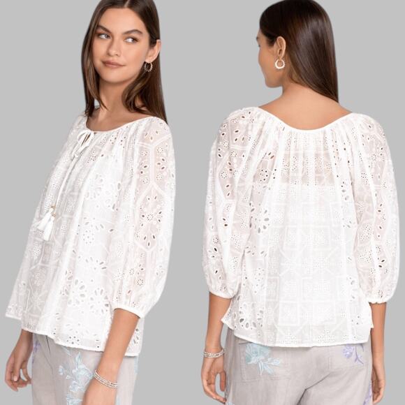 Johnny Was Jade Castillo Eyelet Prairie Blouse Silk Blend White Size S - Picture 1 of 9